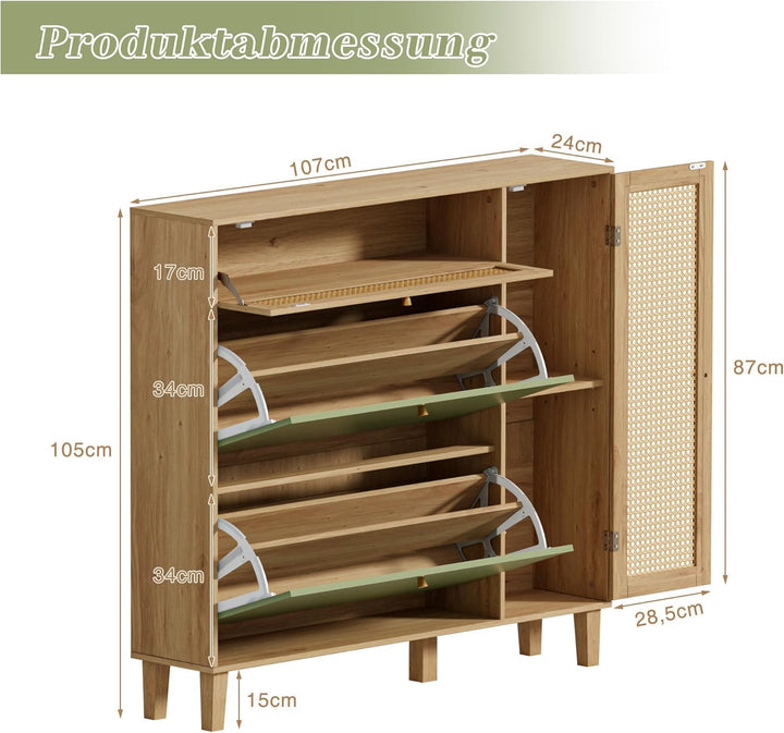 UEV Schuhschrank mit 4 Klappen 107x24x105cm, Schuhkipper schmal ratten Schuhkommode im Flur, platzsp
