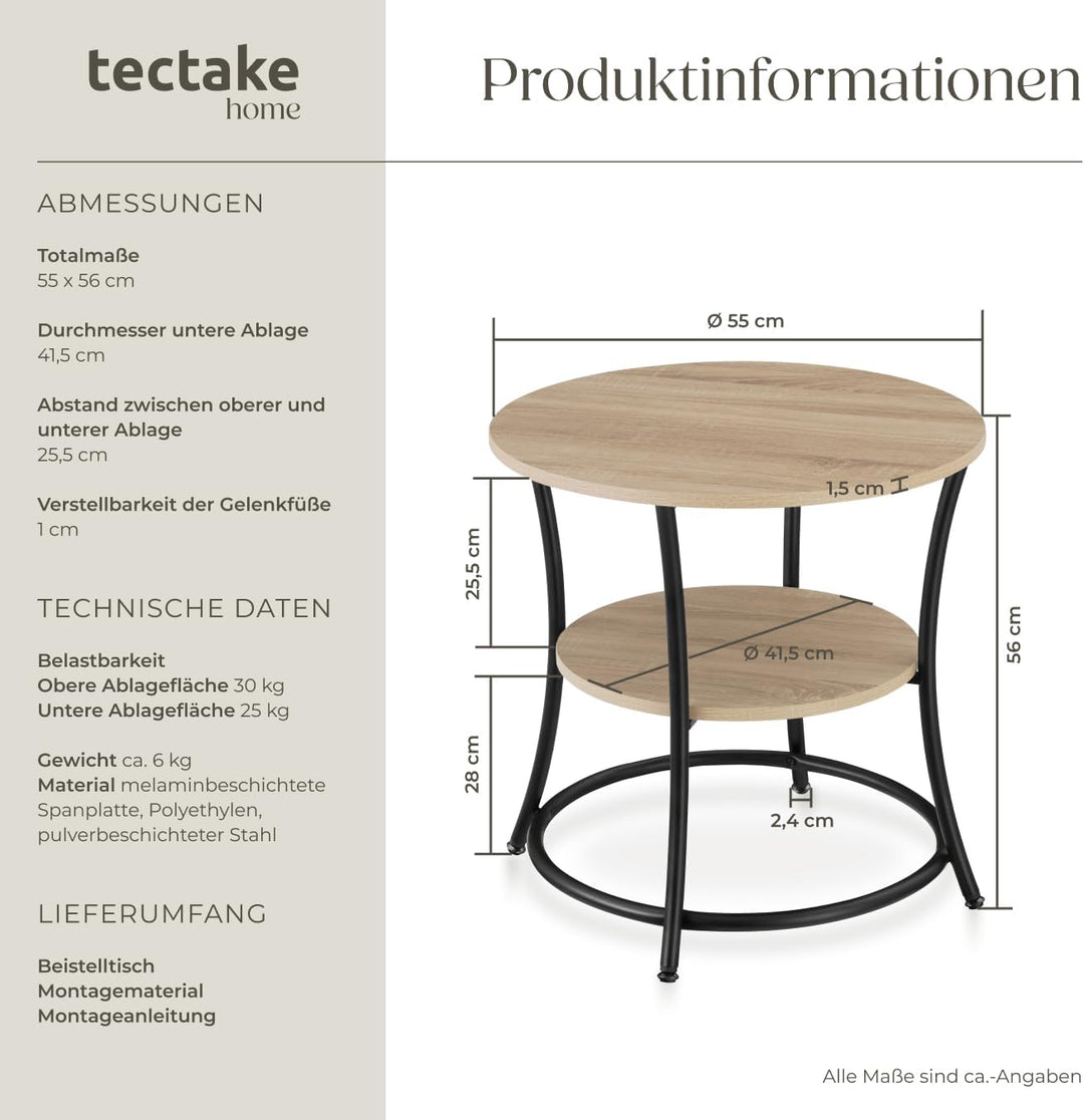 tectake Beistelltisch rund, Couchtisch mit 2 Ablagen, Industrie-Design, Nachttisch aus Holz, Ø55 x 5