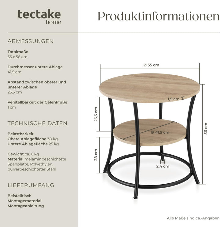 tectake Beistelltisch rund, Couchtisch mit 2 Ablagen, Industrie-Design, Nachttisch aus Holz, Ø55 x 5
