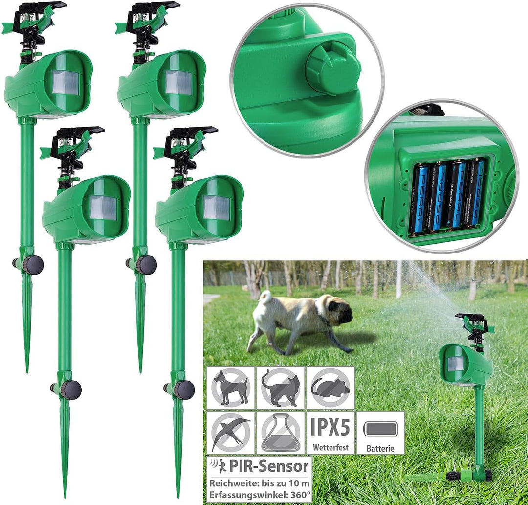 Royal Gardineer Katzen-Vertreiber: 4er-Set Wasserstrahl-Tierschrecke, PIR-Sensor, Batteriebetrieb, 1