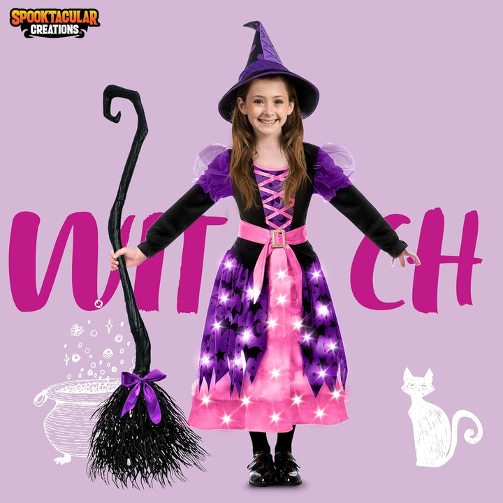 Hexenkostüm für Mädchen, rosa Druck Hexerkostüm, Light-up Hexen Halloween Kostüm Kleid UP, Rosa