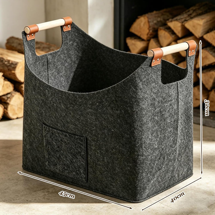 Holzkorb für Kaminholz 60L, mit Verstärktem Holzgriff, Gross Brennholzkorb als Extradickem Filz, Feu