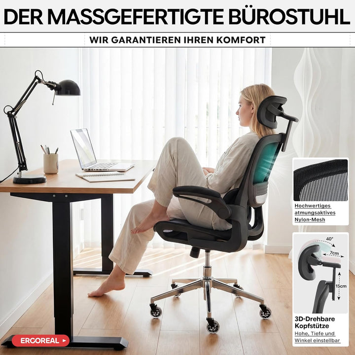 Schreibtischstuhl Ergonomischer Bürostuhl mit 150kg Tragkraft, verstellbaren Armlehnen, dynamischer