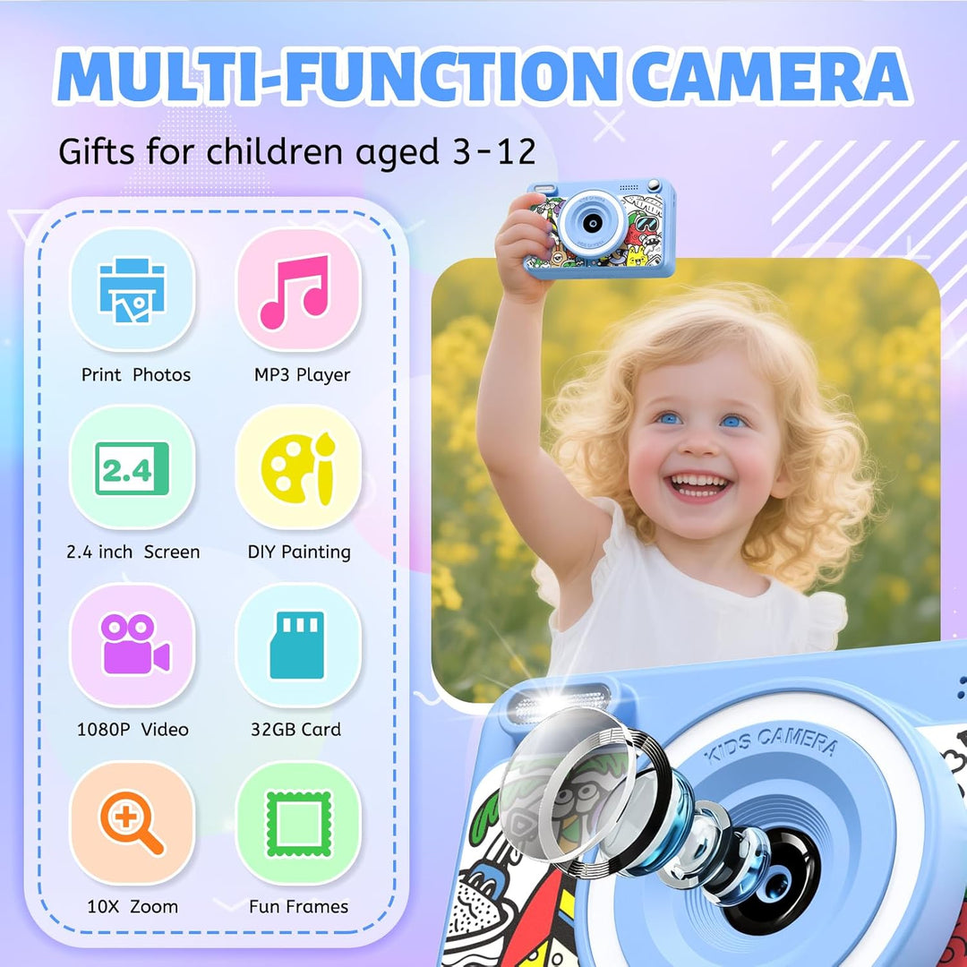 GREENKINDER Sofortbildkamera Kinder, 2.4 Zoll Bildschirm Kinderkamera Sofortbildkamera mit 32GB Kart