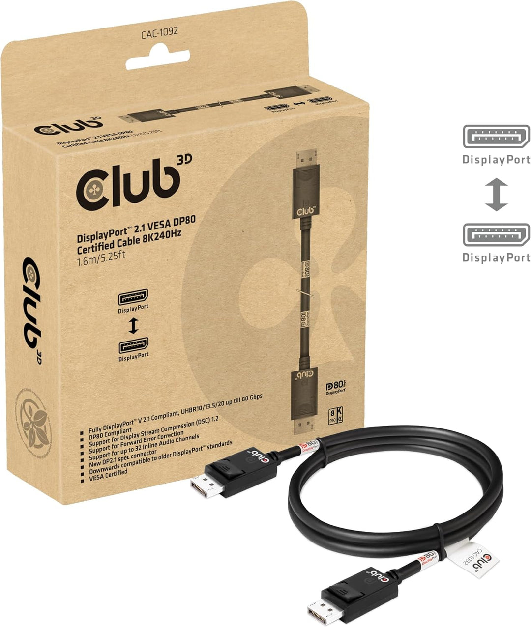 Club3D CAC-1092 DisplayPort™ 2.1 Bi-Direktionales VESA DP80 zertifiziertes Kabel 4K240Hz, 8K60Hz ode