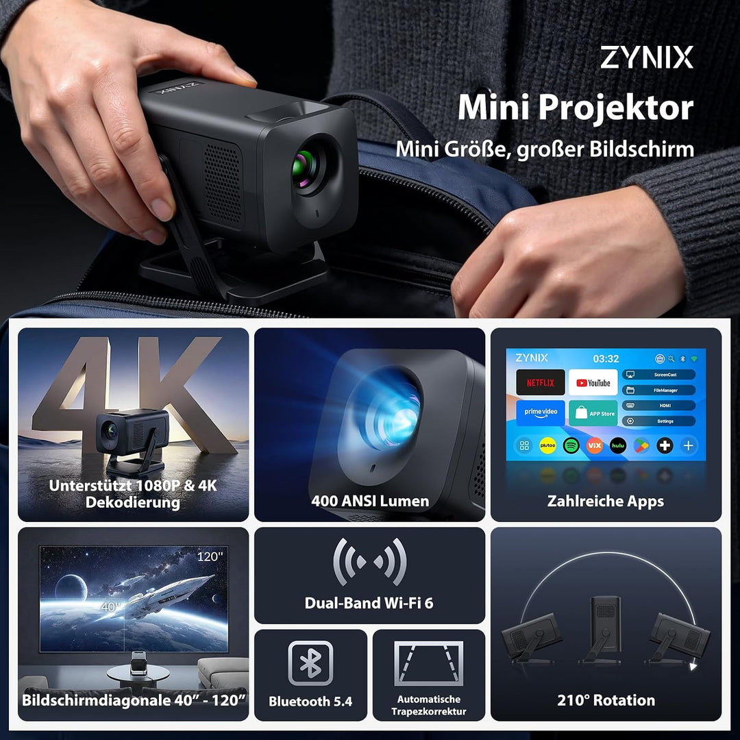 ZYNIX Smart Mini Beamer mit Android 14, unterstützt 4K &amp; 1080P, WLAN Projektor mit WiFi 6 &amp; Bluetoot