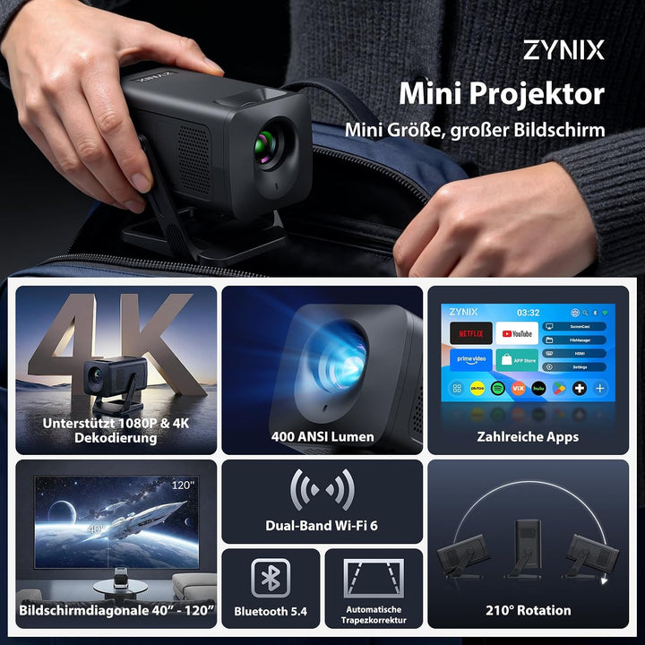 ZYNIX Smart Mini Beamer mit Android 14, unterstützt 4K &amp; 1080P, WLAN Projektor mit WiFi 6 &amp; Bluetoot
