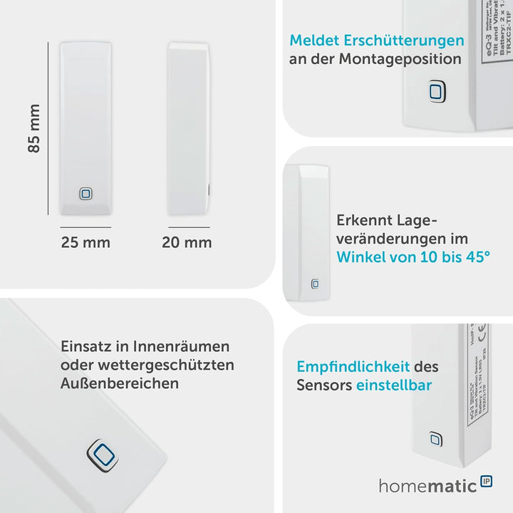 Homematic IP Smart Home Neigungs- und Erschütterungssensor, der kompakte Sensor erkennt Lageveränder