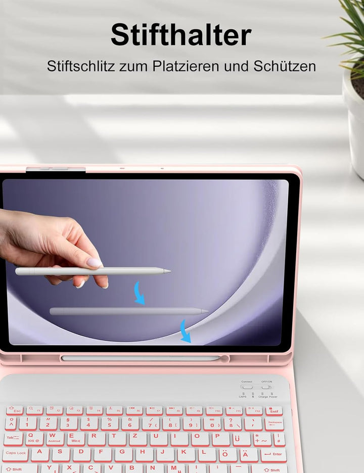 Hülle mit Tastatur für Samsung Galaxy Tab A9 Plus 11 Zoll 2023, 7 Farben Beleuchtung, QWERTZ Deutsch