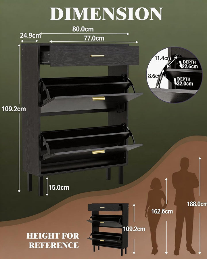 Platzsparender Schmaler Schuhschrank, 3 Schubladen, 3-Fach Verstellbare Einlegeböden, Aus Holz, Frei