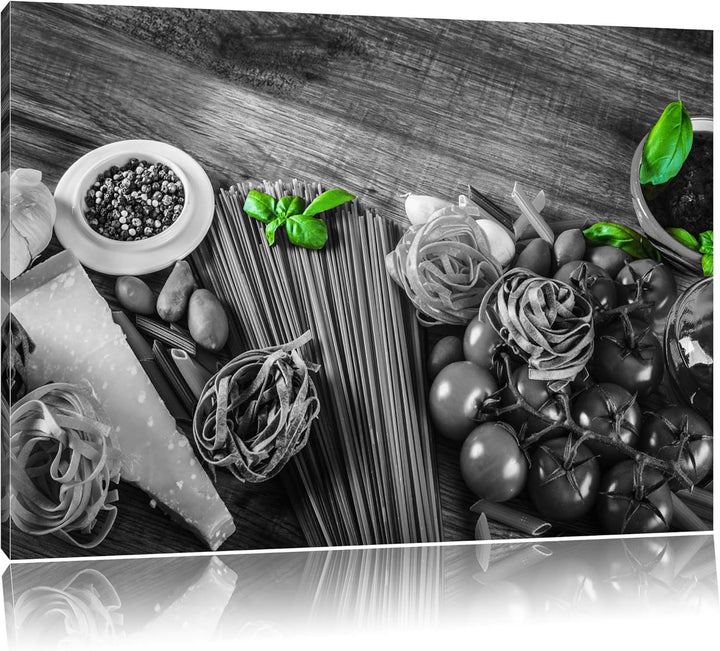 Pasta mit frischen Gewürzen schwarz/weiss Format: 100x70 auf Leinwand, XXL riesige Bilder fertig ger