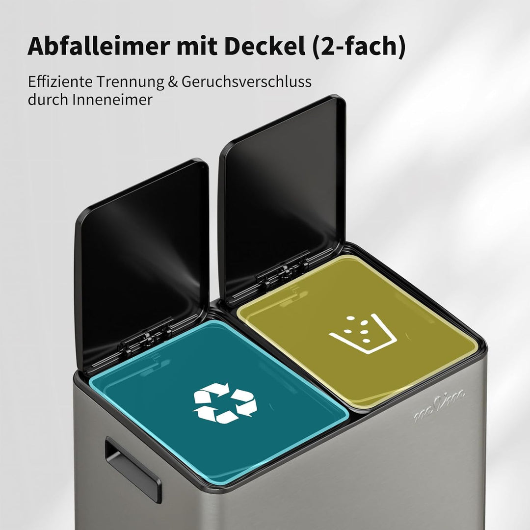 mVm Mülleimer Küche,60 Liter Treteimer,2 x 30 Liter Treteimer, 2 Fächer, Mülltrennsystem, Abfalleime