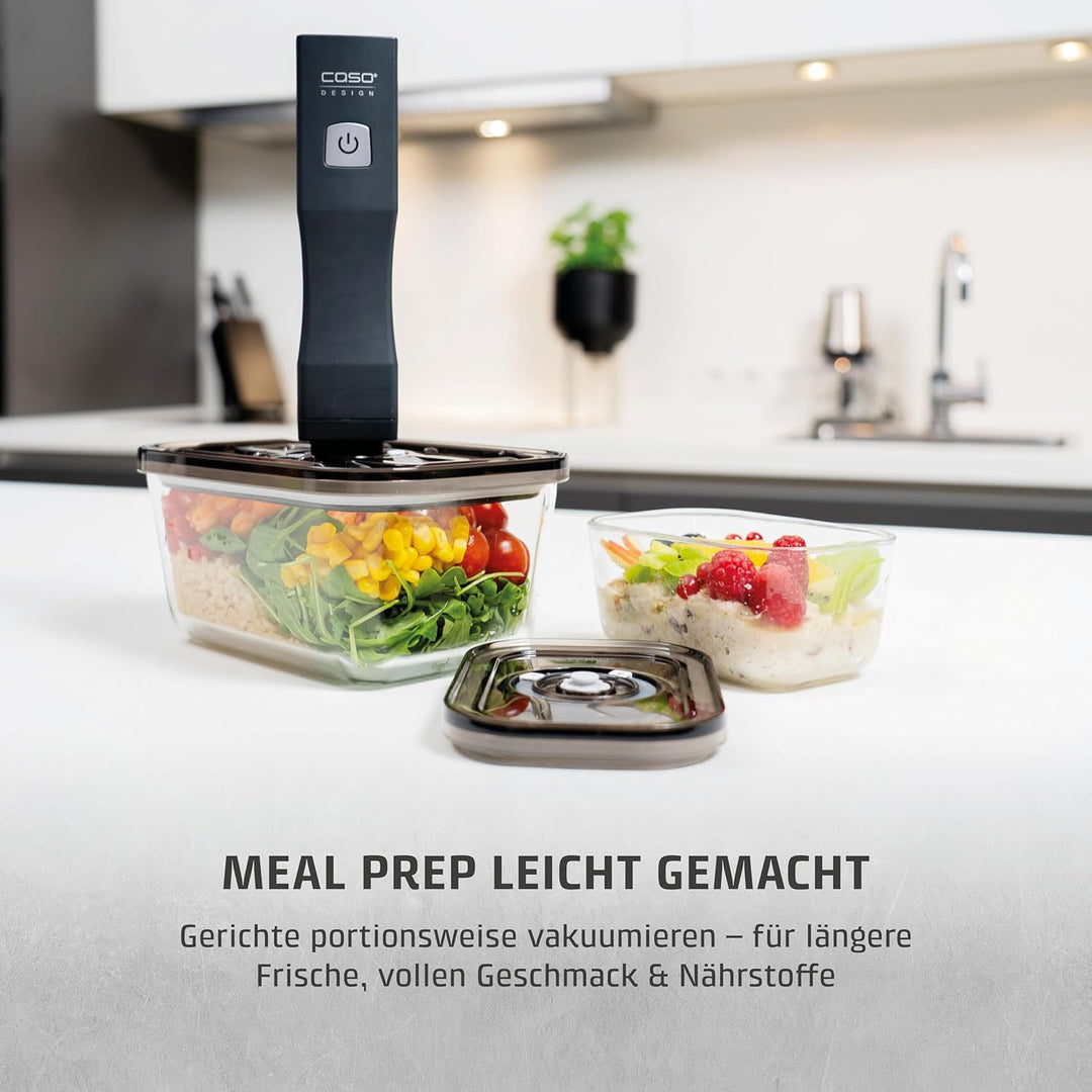CASO Vacu OneTouch Eco-Set, Handvakuumierer inkl. 3 Vakuumbehälter aus Glas, 10 ZIP-Beutel und Food