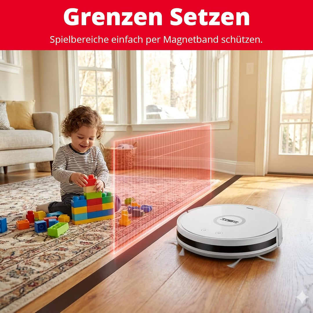 Trisa T-Bot Lite Saugroboter, 1300Pa, HEPA-Filter &amp; Magnetband-Abgrenzung | 1300 Pa Saugkraft, 90 Mi