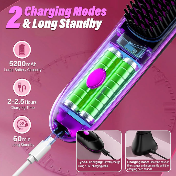 Kabellose Glättbürste, Mini Haarglätter Bürste, Negativ Ionen Glätteisen, Haarglätterbürste mit LED-