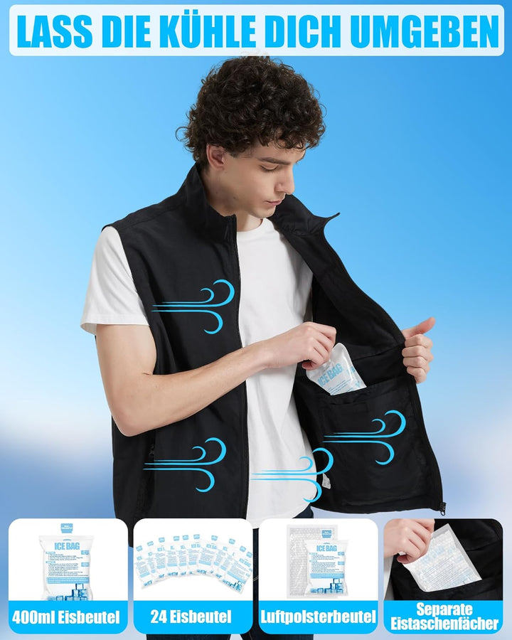Lvkakmox Kühlweste für Herren und Damen mit 24 Eispacks, 6 Kühlzonen - Arbeitsweste, Sport Ice Cooli