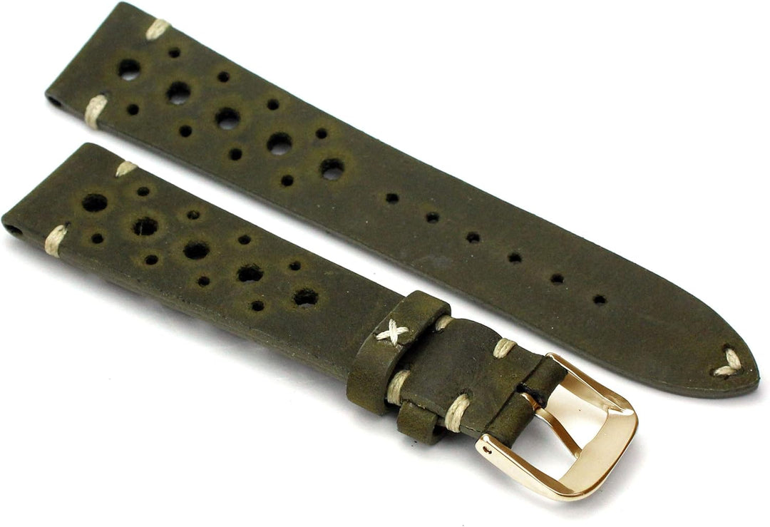 RIOS1931 Rallye Gold Vintage Rindsleder Uhrenarmband handgemacht in Deutschland Robust 20mm Moosgrün