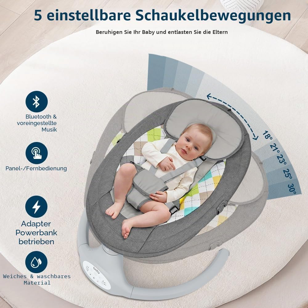 Bioby Elektrische Babywippe | Babyschaukel mit 5-Punkt-Gurt &amp; 5 Schaukelmodi, Leicht &amp; Sicher Wippe