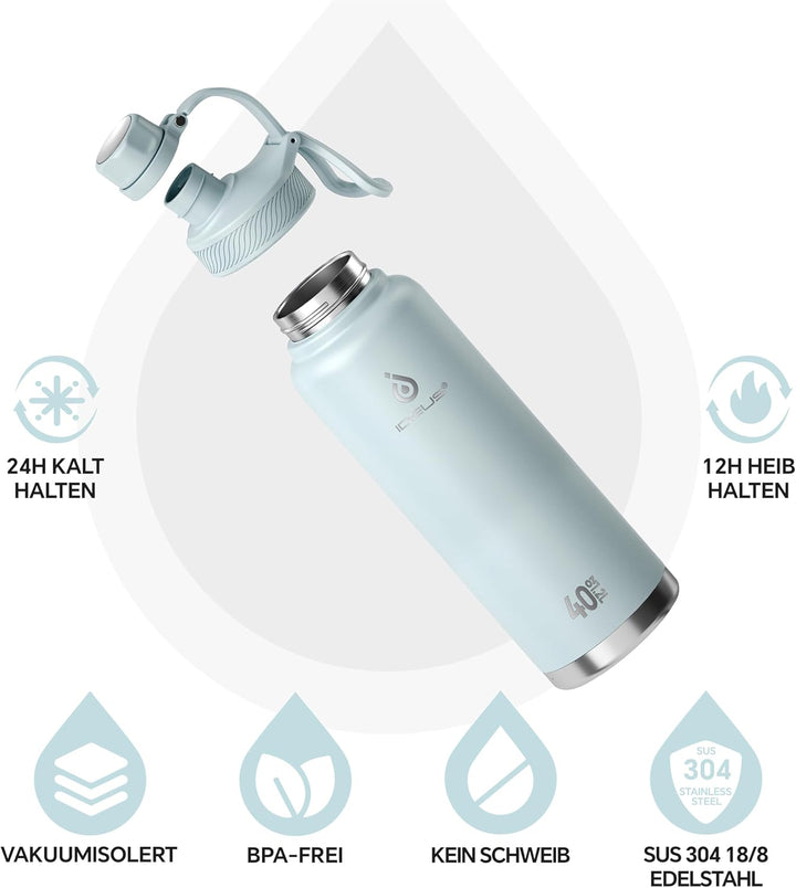 IDEUS Vakuumisolierte Wasserflasche, 40 Oz (1140 ml) Edelstahl Doppelwand Flasche Metall Sport Kanti