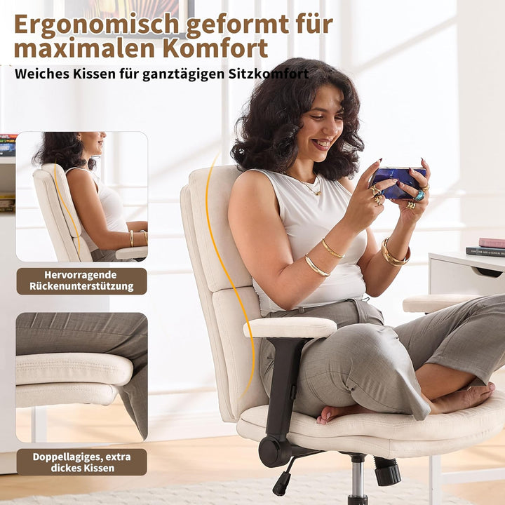 Fizzin Beige Ergonomischer Bürostuhl Schreibtischstuhl mit Hochklappbare Armlehne, Doppellagiger Hoh