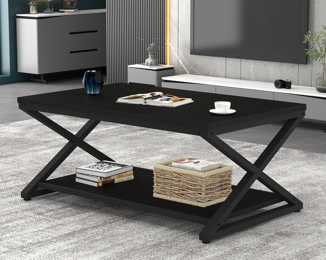 HSH Couchtisch Holz Schwarze Wohnzimmertisch mit Ablagen Moderner Sofatisch mit Stauraum Stabiler Ka