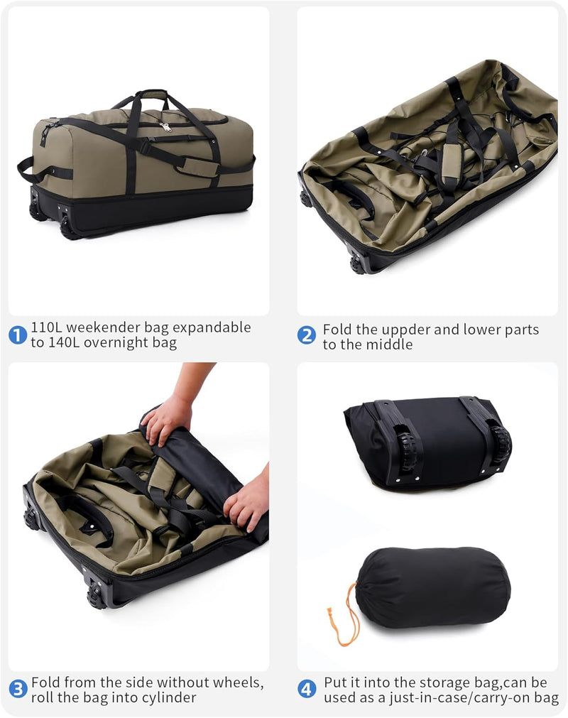 Vomgomfom 32" 110L Erweiterbar 140L Reisetasche mit 2-Inline-Rädern, Faltbare Extra Grosse Sporttasc