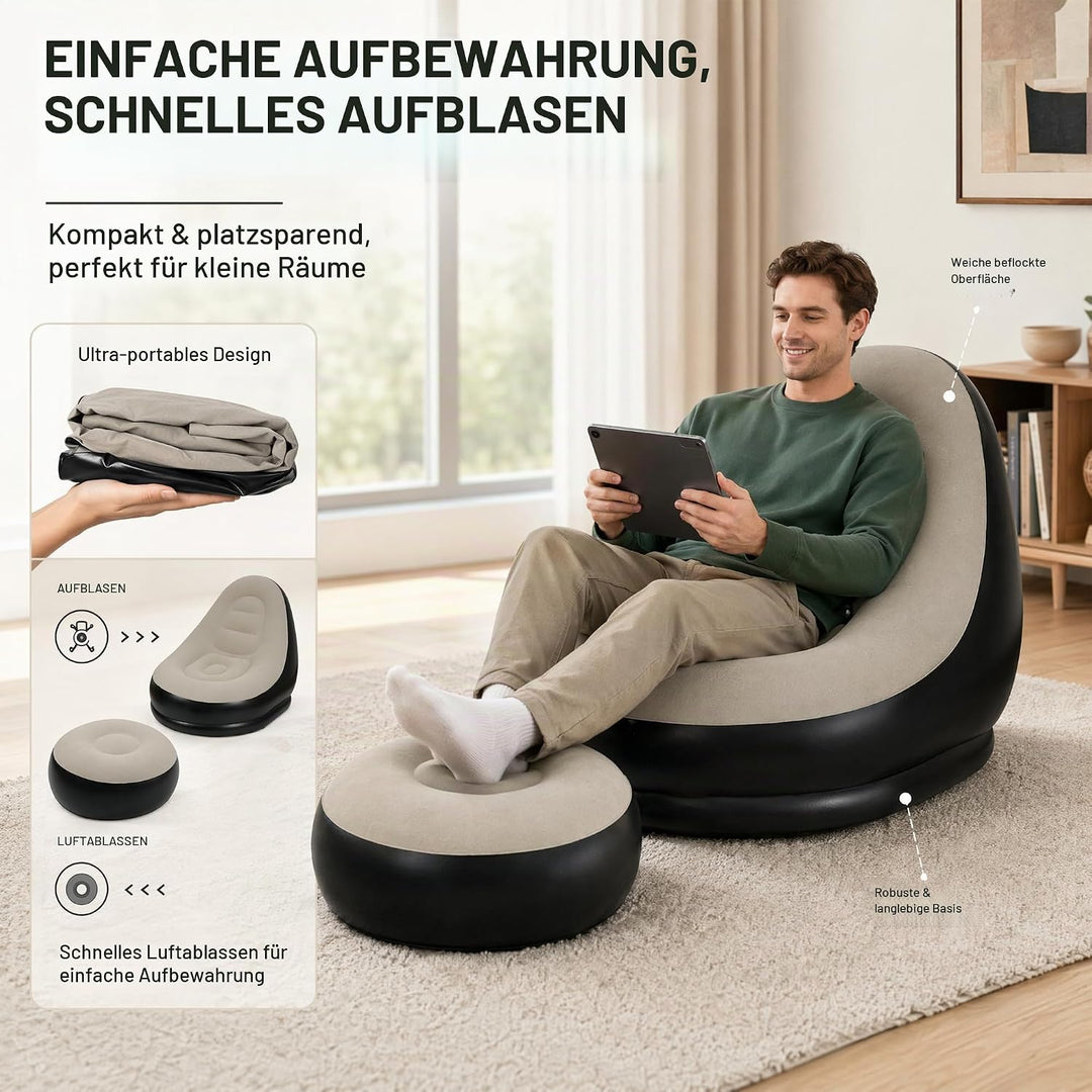 Yuragim Aufblasbares Sofa, Aufblasbarer Sessel mit Fusshocker Wasserdichtes Luftsofa mit Beflockter