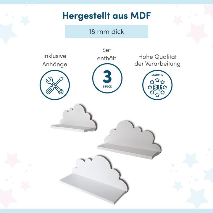 3er Set Wandregal Kinderzimmer Weiss | Babyzimmer Wolkenregal für Bücher, Spielzeug und Dekoration |
