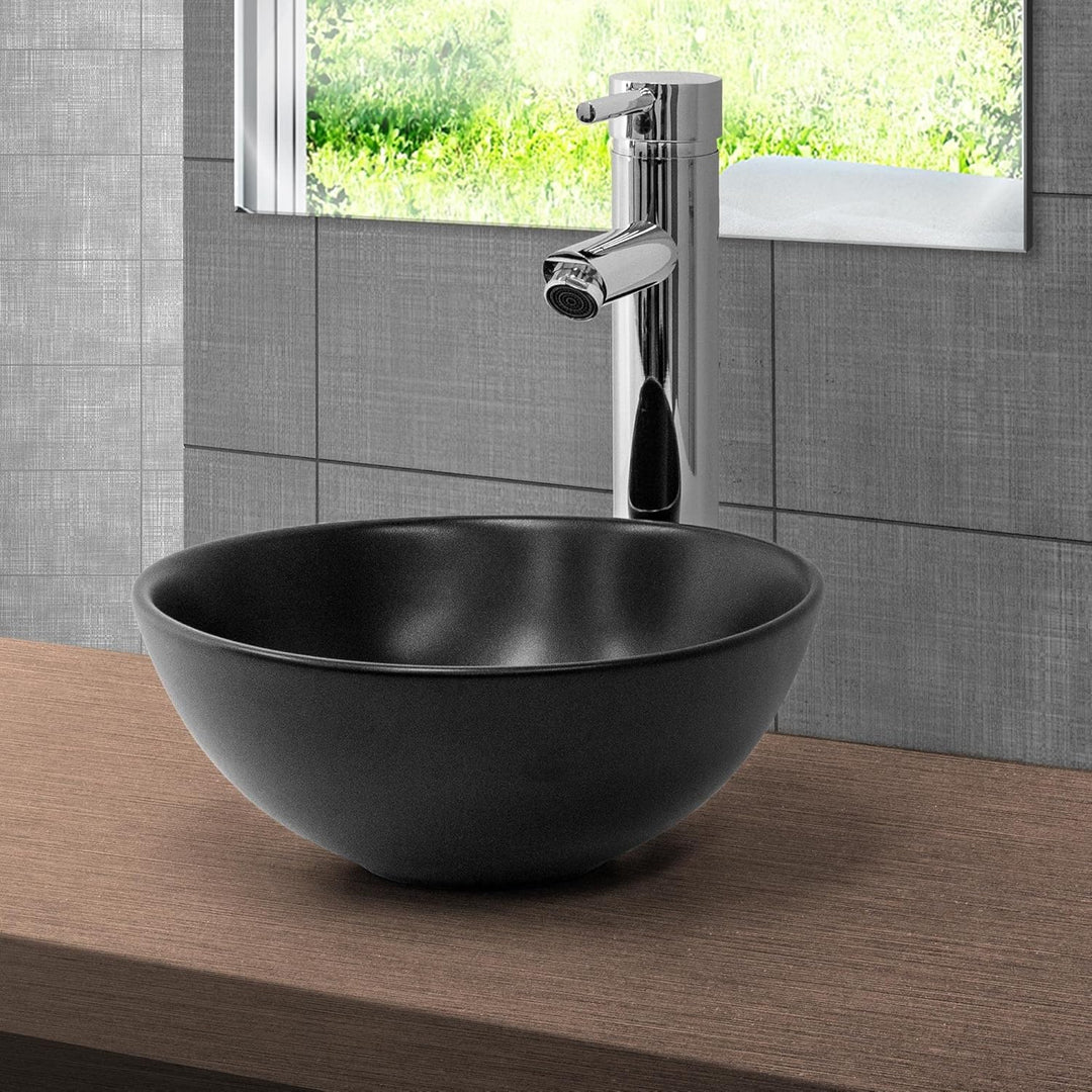 ML-Design Waschbecken aus Keramik in Schwarz matt Ø 280 x 150 mm mit Ablaufgarnitur, Runde Aufsatzwa