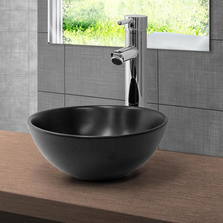 ML-Design Waschbecken aus Keramik in Schwarz matt Ø 280 x 150 mm mit Ablaufgarnitur, Runde Aufsatzwa