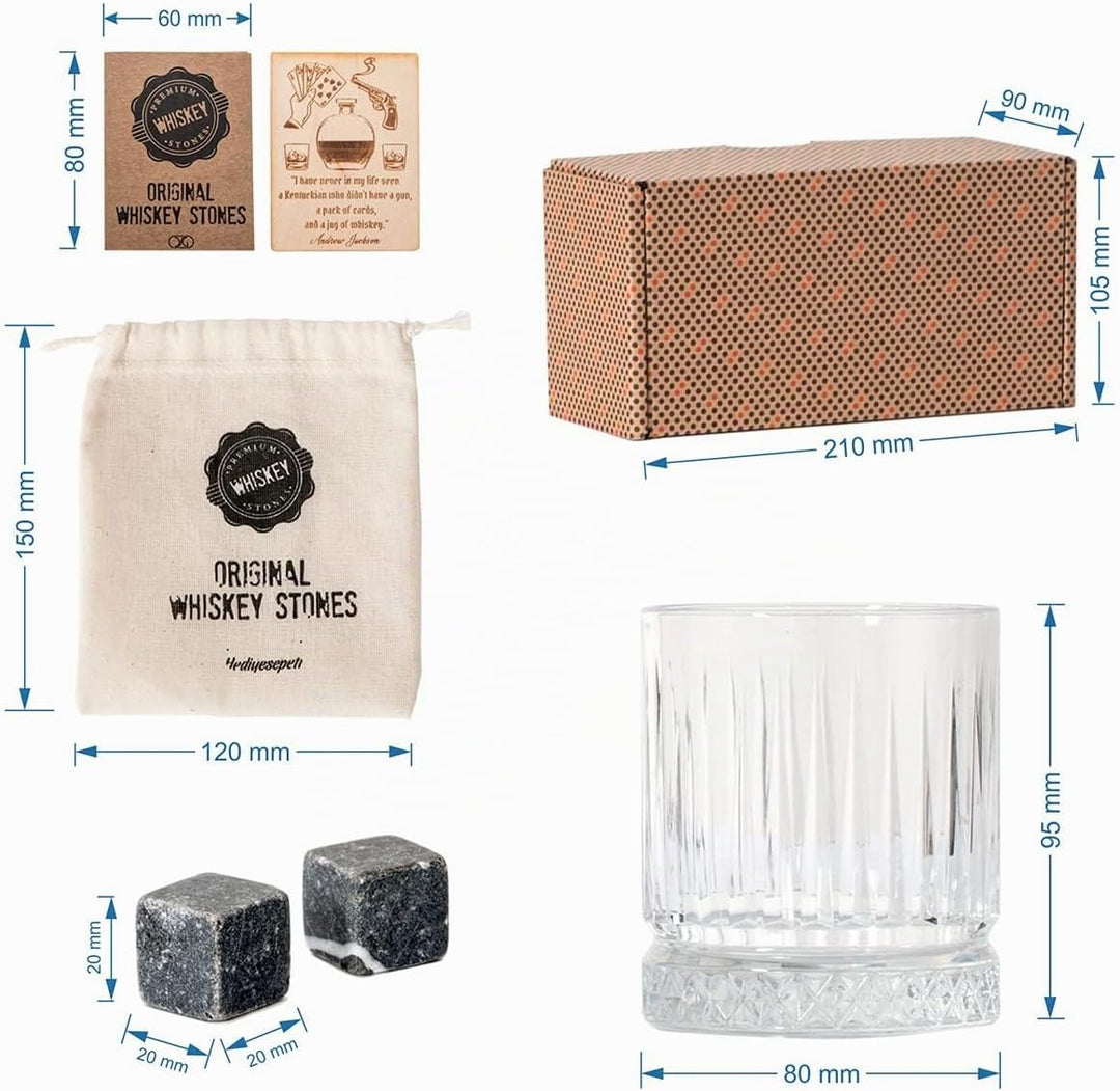 Hediyesepeti Wiskeygläser- Set, Whiskey Gläser Set mit 12 Schwarz Marmor Eiswürfel Steine, Wiederver