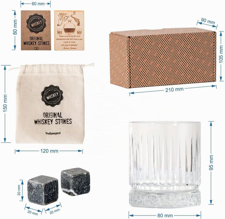 Hediyesepeti Wiskeygläser- Set, Whiskey Gläser Set mit 12 Schwarz Marmor Eiswürfel Steine, Wiederver