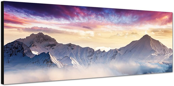 Paul Sinus Art Panoramabild auf Leinwand und Keilrahmen 150x50cm Berge Wald Schnee Nebel Abendrot
