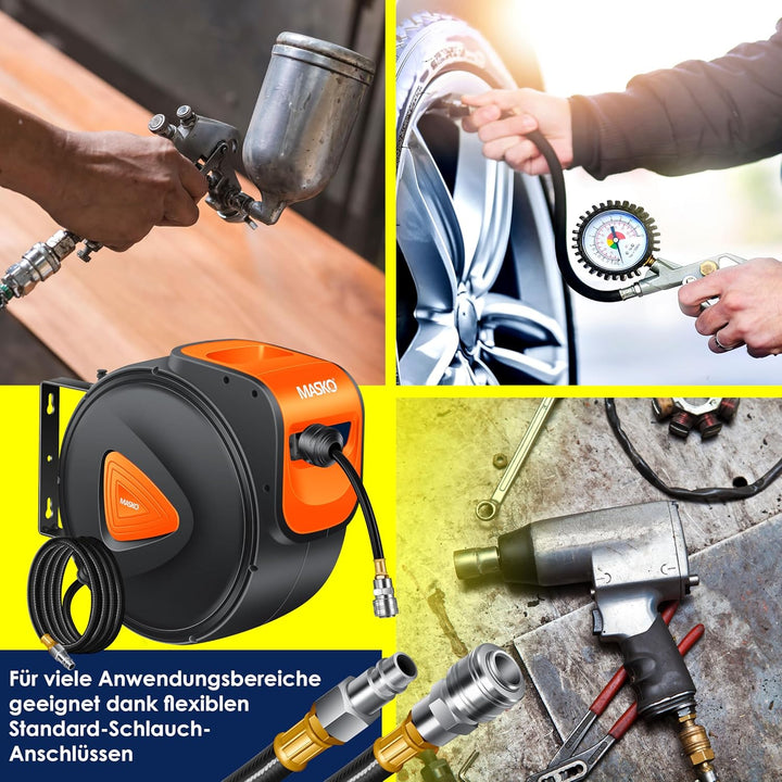 MASKO® Automatik Druckluftschlauch Aufroller 30m – Schlauchtrommel mit 1/4" Anschluss, Schlauchaufro