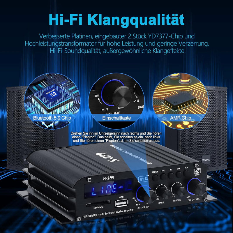 S-299 4.1-Kanal HiFi Verstärker, RMS 40Wx4+50W Bluetooth Mini Audio Verstärker Max. 800W Leistung Pa