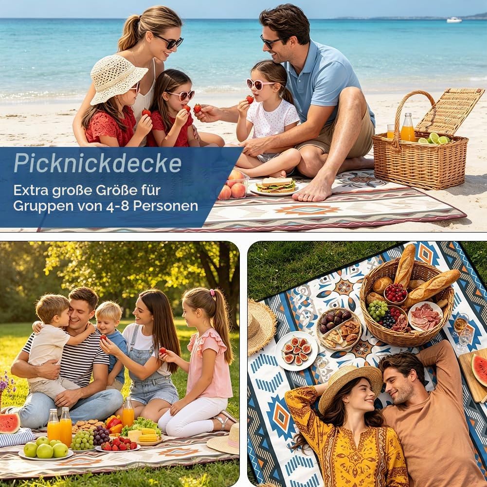 AUAUY Picknickdecke Boho Wasserdicht, 200x200cm, mit Tragegurt, Grün Blau - 200x200 Cm, Blau - 200x2