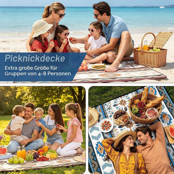 AUAUY Picknickdecke Boho Wasserdicht, 200x200cm, mit Tragegurt, Grün Blau - 200x200 Cm, Blau - 200x2