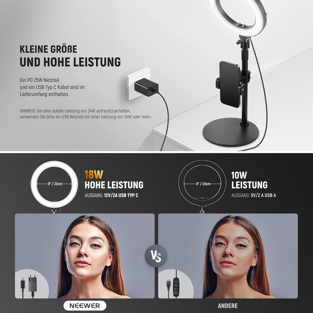 NEEWER 8" Tisch Ringlicht 18W Stark Leistung mit Ständer & Handyhalter, Circle Selfie Ring Licht kom