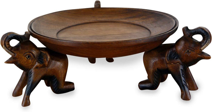 livasia Obstschale, Gebäckschale mit Elefanten aus Holz, Brotschale, asiatische Deko Schale Run, Hol