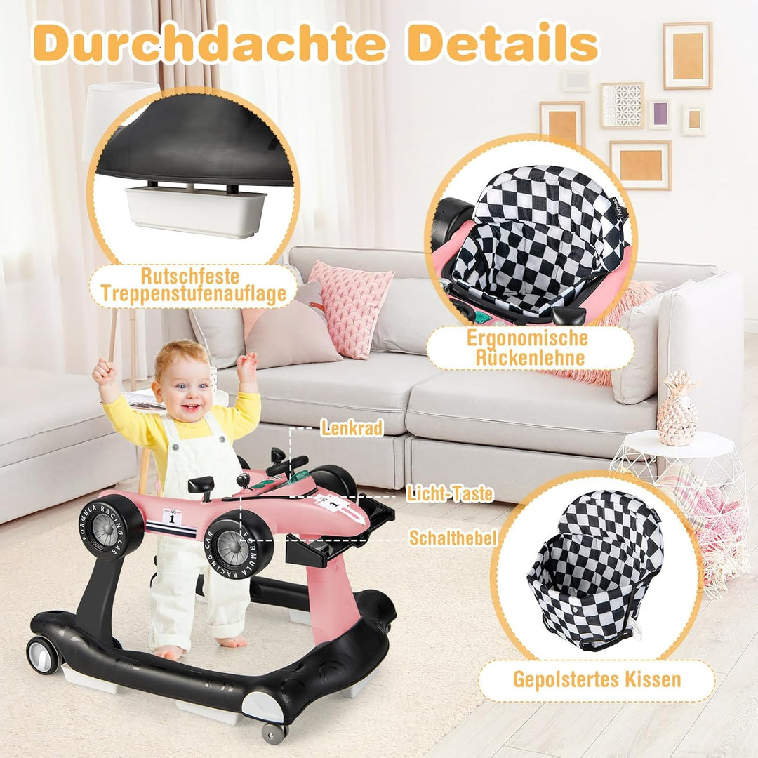 DREAMADE Lauflernhilfe, 4 in 1 Autoförmiger Lauflernwagen mit einstellbarer Geschwindigkeit, Musik &