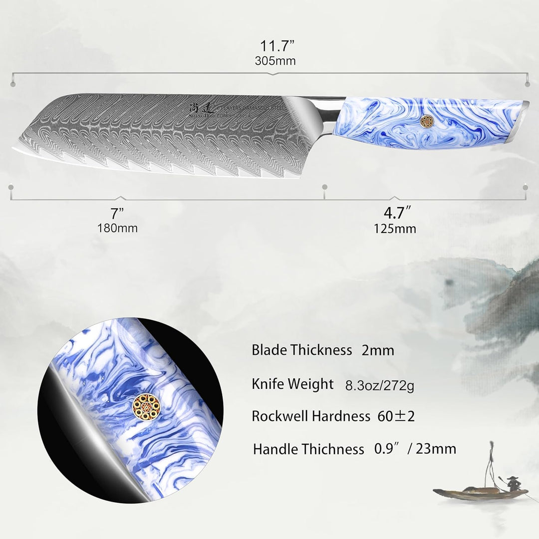 SHANGDAO Damaskus Santoku -Messer 18 cm Küchenmesser, Ultra scharf mit japanischen Damaskus -geschmi