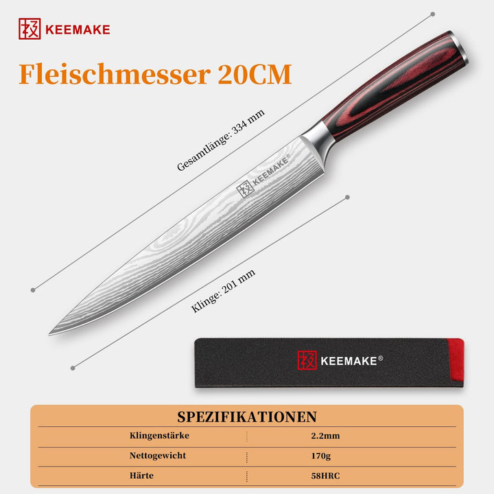 KEEMAKE Küchenmesser Fleischmesser Extrem Scharf, 20cm Profi Kochmesser aus Edelstahl mit Klingensch