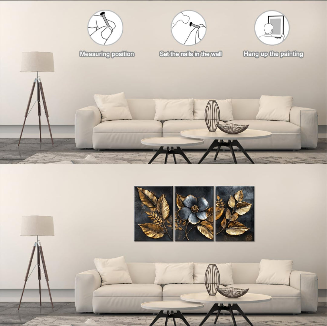 Piy Painting Blumen Wandgemälde, Schwarz Und Goldene Kunst Poster, Pflanzen Leinwand Gemälde, Leicht