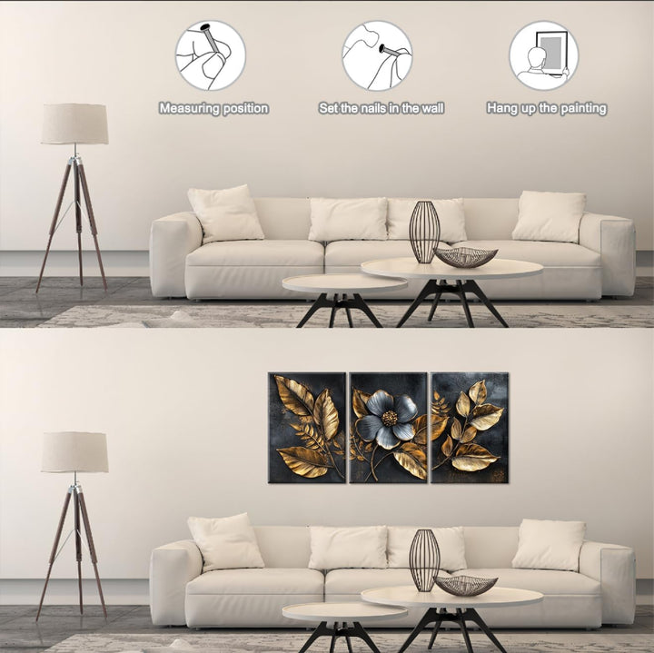 Piy Painting Blumen Wandgemälde, Schwarz Und Goldene Kunst Poster, Pflanzen Leinwand Gemälde, Leicht