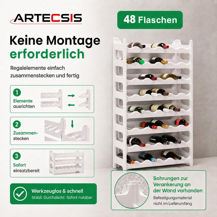 ARTECSIS Weinregal stapelbar Kunststoff für 48 Flaschen, stabiles Flaschenregal in Gastronomie-Quali