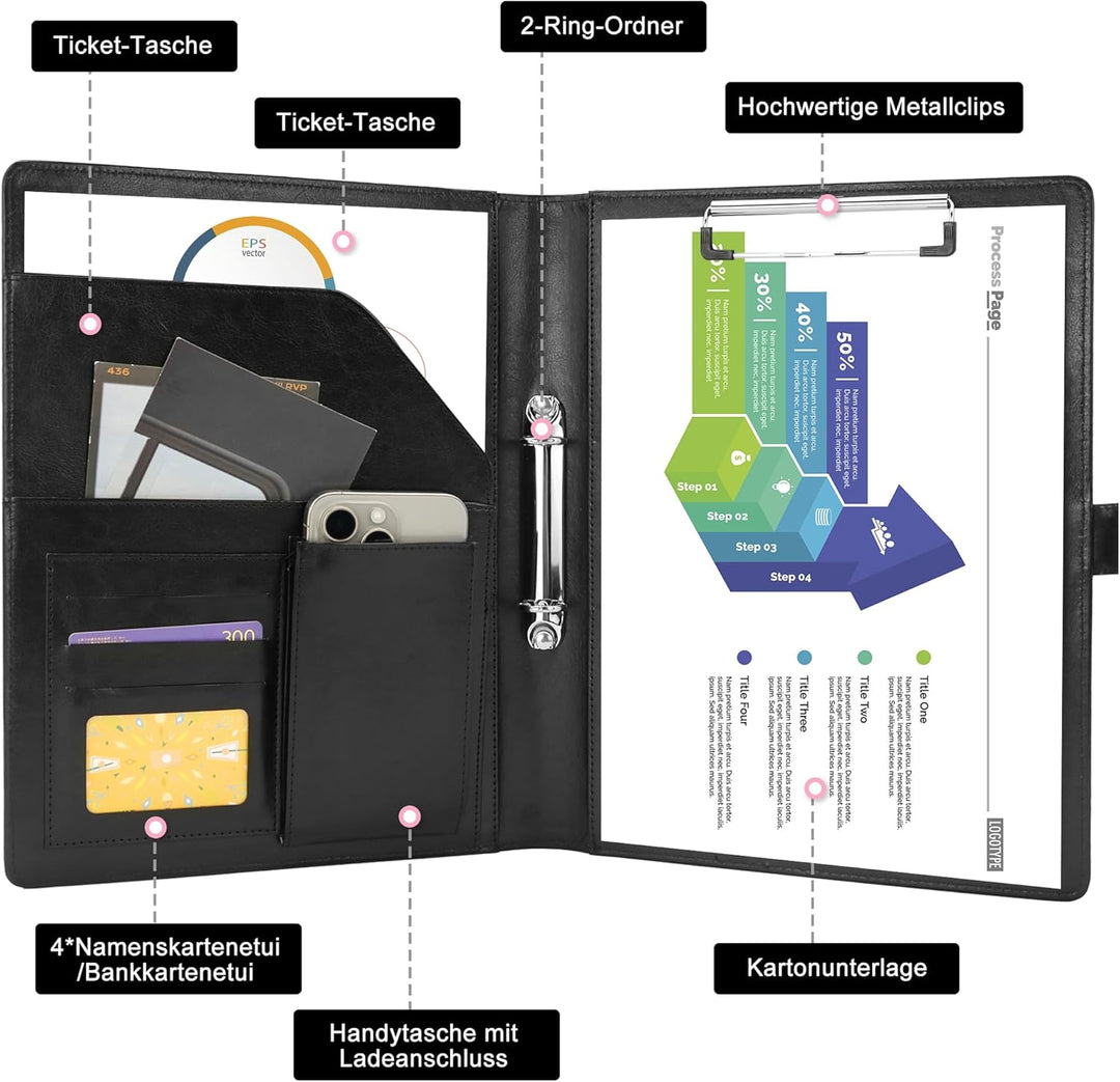 Schreibmappe 2 Ringbuch A4 Konferenzmappe Magnetischer Verschluss Wasserdicht Organizer Mappe Dokume