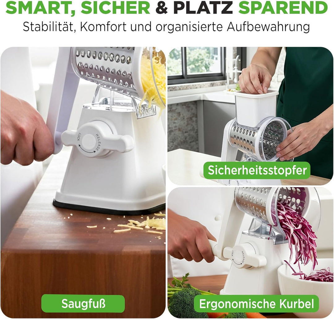 NutriChef 3-in-1 Trommelreibe - mit Kurbel – Gemüsereibe & drehbare Käsereibe – 3 Trommeln für Fein,