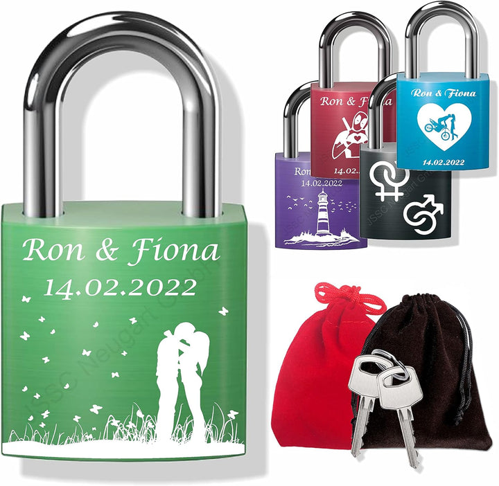 Liebesschloss mit Wunschgravur zum Valentinstag, Hochzeitstag, Jahrestag, Geburt; inkl. Gravur, opti