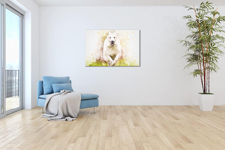 deyoli spielender Hund Format: 80x60 als Leinwandbild, Motiv fertig gerahmt auf Echtholzrahmen, Hoch