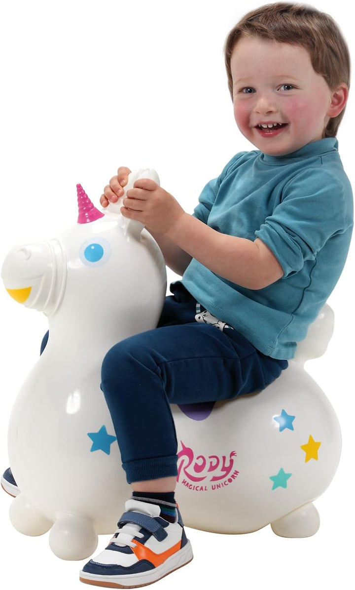 GYMNIC Rody Magisches Einhorn weiss – Aufblasbares Reiteinhorn für Kinder ab 3 Jahren, dynamisches u